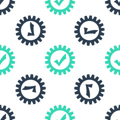 Green Gear with check mark icon isolated seamless pattern on white background. Cogwheel simple icon. Approved service sign. Transmission Rotation Mechanism symbol. Vector.