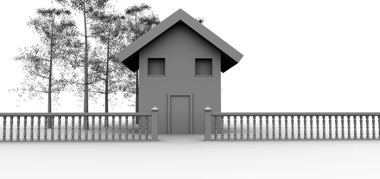 Casa de 2 plantas con cubierta a 2 aguas, &aacute;rboles y valla con balaustrada en la entrada. Maqueta 3d