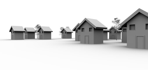 Casas en un pueblo vacío. Árboles y construcciión en blanco, estilo maqueta