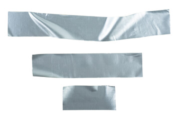 Set pieces of silver self-adhesive construction tape isolated on a white background. Metallic...