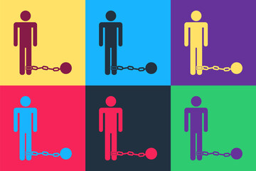 Pop art Prisoner with ball on chain icon isolated on color background. Vector.