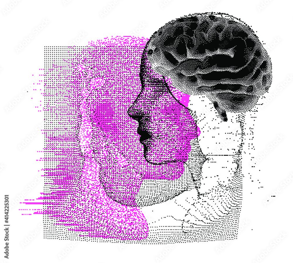 Poster 3D Illustration Human Brain Anatomy made of Pixels and Particles For Neural network and Machine Learning concept. Sci-fi futuristic cyberpunk style.