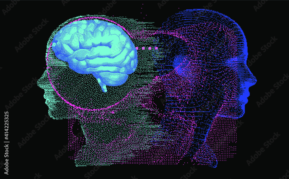 Poster 3D Illustration Human Brain Anatomy made of Pixels and Particles For Neural network and Machine Learning concept. Sci-fi futuristic cyberpunk style.