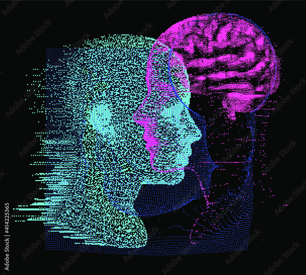 Poster 3d illustration human brain anatomy made of pixels and particles for neural network and machine lear