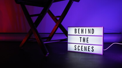 Behind the scenes letterboard text on Lightbox or Cinema Light box. Movie clapperboard megaphone...