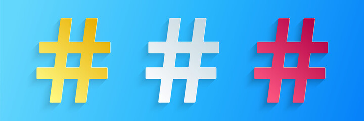 Paper cut Hashtag icon isolated on blue background. Social media symbol. Modern UI website navigation. Paper art style. Vector.