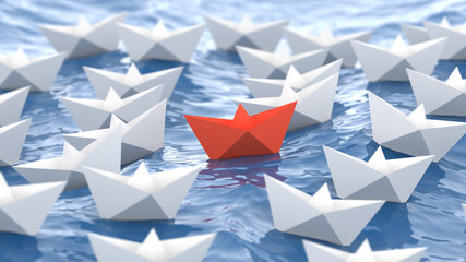 Obraz premium Leadership concept, red leader boat, standing out from the crowd of white boats, in the waves of the sea. 3D Rendering