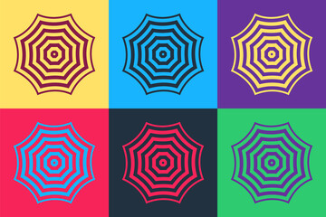 Pop art Sun protective umbrella fo beach icon isolated on color background. Large parasol for outdoor space. Summer vacation or picnic accessory. Vector. © mingirov