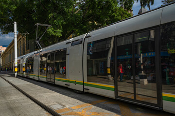 Obraz premium Medellin, Antioquia, Colombia. February 29, 2020. Metroplús is a medium capacity rapid transit bus system that serves the city of Medellín and the Aburrá Valley in Antioquia, Colombia.