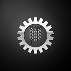 Silver Wheat and gear icon isolated on black background. Agriculture symbol with cereal grains and industrial gears. Industrial and agricultural. Long shadow style. Vector.
