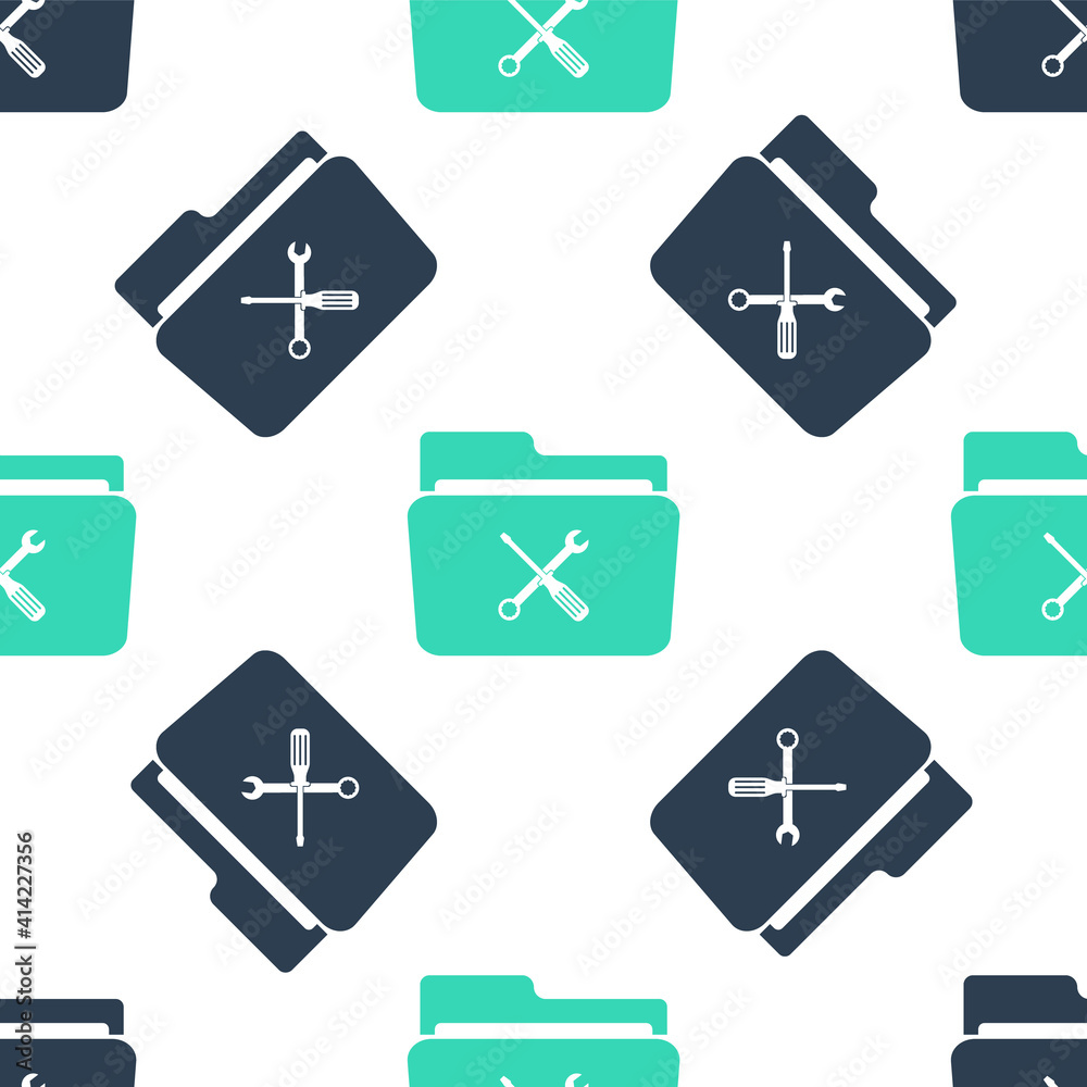 Poster green folder and tools or settings icon isolated seamless pattern on white background. folder with w