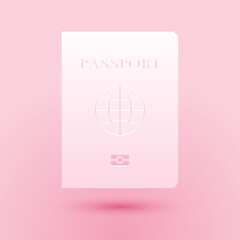 Paper cut Passport with biometric data icon isolated on pink background. Identification Document. Paper art style. Vector.