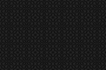 Ethnic geometric convex volumetric texture from a 3D pattern. Embossed openwork abstract black background for presentations, business cards.
