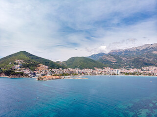 Obraz premium Sunny aerial panoramic view of Budva and Riviera, Montenegro. Drone aerial shot