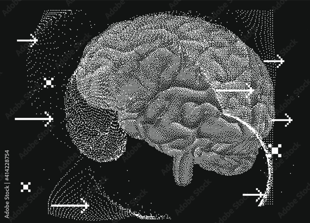 Aufkleber 3D vector illustration of brain made of pixels and particles. Concept of neural network, neurology and neuroscience.