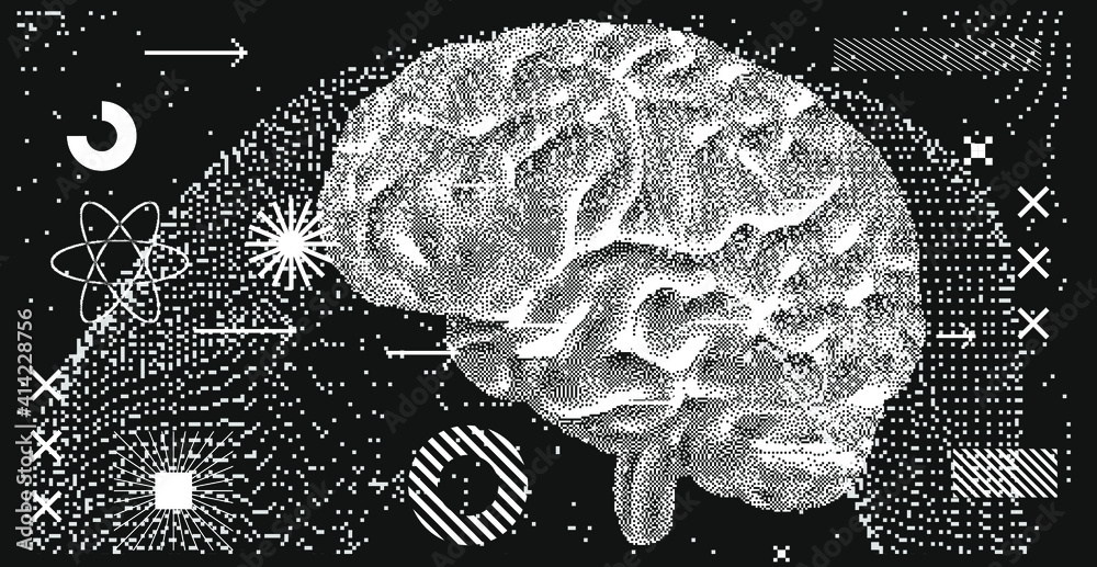 Poster 3D vector illustration of brain made of pixels and particles. Concept of neural network, neurology and neuroscience.