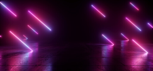 Fototapeta na wymiar Neon Cyber Sci Fi Futuristic Retro Glowing Modern Tube Light Lasers Purple Blue Violet Gradient Hangar Tunnel Room Grunge Garage Cement Floor Dark Stage 3D Rendering