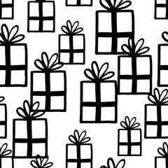 Holiday seamless pattern with present on white background. Vector illustration for Birthday, Merry Christmas, New year. Template design for invitation, poster, card, fabric, textile. Doodle style.