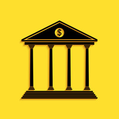 Black Bank building icon isolated on yellow background. Long shadow style. Vector.