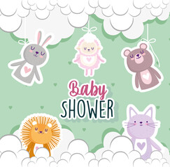 Baby shower cute little bear rabbit lion and cat invitation card