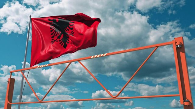 Swing arm road barrier and flag of Albania, entry ban related 3d animation