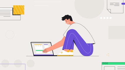 Male character freelancer seeting and works with a laptop, against the background of abstract objects and shapes. Flat style vextor illustration in a trendy style.