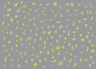 vector abstract background of isolated yellow outline elements on a gray background. geometric simple symbols in trendy pantone colors arrows asterisks, corners, swirls for a design template