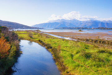 Obraz premium Beautiful wetland landscape. Montenegro, Tivat. View of Tivat Salina on sunny spring day
