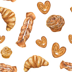 watercolor seamless pattern with different sweet pastry: croissants, cruffins; puff pastry hearts