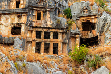 Rock-cut tombs of Lycian necropolis of the ancient city of Myra in Demre, Antalya province in Turkey
