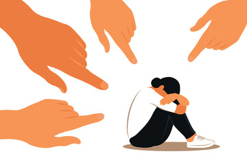 Bullying concept. Hands of people point to the girl. Non-confident woman. Opinion and the pressure of society. Shame. Vector flat - obrazy, fototapety, plakaty