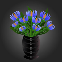A vase with a bunch of flowers on grey background.