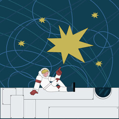 an astronaut sits on a rocket and points his finger at a star. Vector illustration.