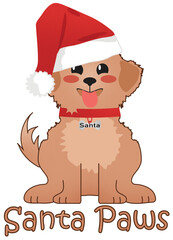 Santa Paws Puppy in Santa Hat Christmas Greeting Illustration with Clipping Path for Heat Transfer and Sublimation Design Projects