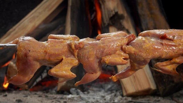 Close-up of raw marinated quails placed in the oven above the open fire outdoors