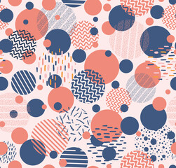 Colorful polka dots distracted with waves, lines, dots, spots, stripes as seamless repeat pattern. Random placed geometrical vector elements all over surface print.