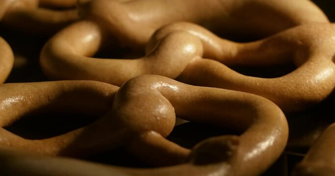 Delicious German pretzels while baking go high in the oven in time lapse