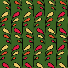 Seamless vector pattern. Branches with colorful leaves isolated on a transparent background with a green substrate.