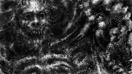 Dark face of corpse the screaming. Black and white illustration in horror fantasy genre. Scary background of remains. Burnt bones in ash and dirt. Gloomy character concept art. Coal and noise effect.