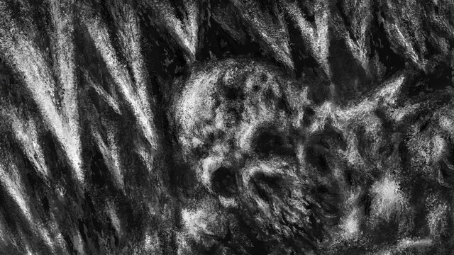 Withered mummy of alien sits in dark. Icicles in cave and skeleton. Illustration in horror genre with coal and noise effect. Scary background of remains. Black and white colors. Coal and noise effect.