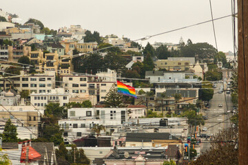 Panoramic shot of the rainbow flag in the Castro neighborhood, San Francisco - United States of America aka USA