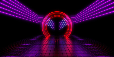 3D abstract background with neon lights. neon tunnel .space construction . 3d illustration