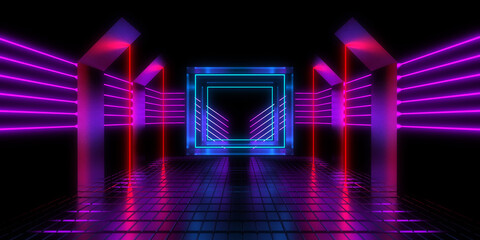 3D abstract background with neon lights. neon tunnel .space construction . 3d illustration