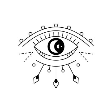 Blackwork line art mystic eye tattoo. Providence sight magic witchcraft symbol. Evil eye amulet geometric ornament. Esoteric sign. Sacred geometry spirituality, occultism. Isolated vector illustration