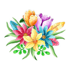 Watercolor Spring Easter flower bouquet isolated on white background. Floral arrangement.