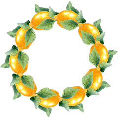 Watercolor lemon wreath isolated on white background.