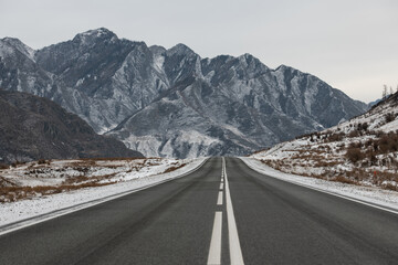 Chuiskiy trakt road leading to scenery rocky mountain in Altai Republic