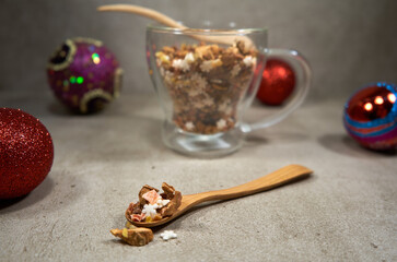 Wooden spoon with colorful fruit tea 
