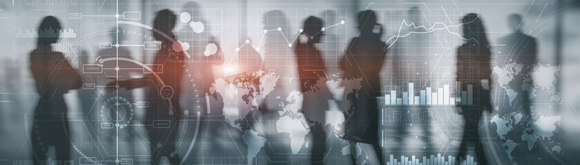 Obraz premium Financial dashboard with business intelligence. Background silhouettes and city