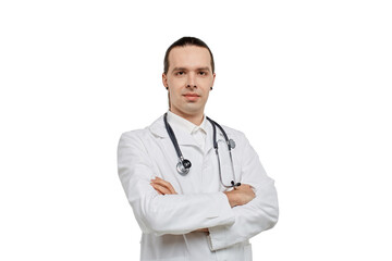 Fototapeta premium A young male doctor in a medical gown and with a phonendoscope around his neck. White isolated background.